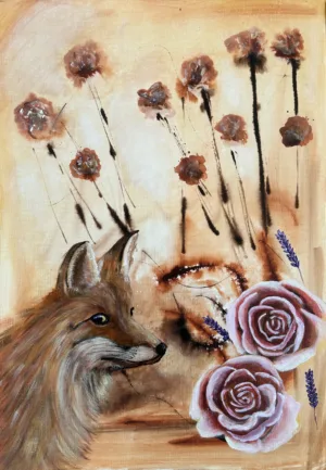 Abstrakt målning i varma toner – ”I rävens trädgård” av Art by Lycke