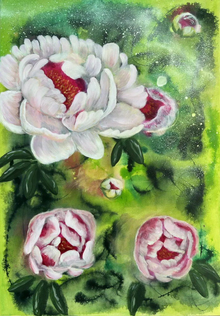 Abstrakt blomsterkonst i gröna, vita och rosa toner – ”Peony Dreams” av Art by Lycke