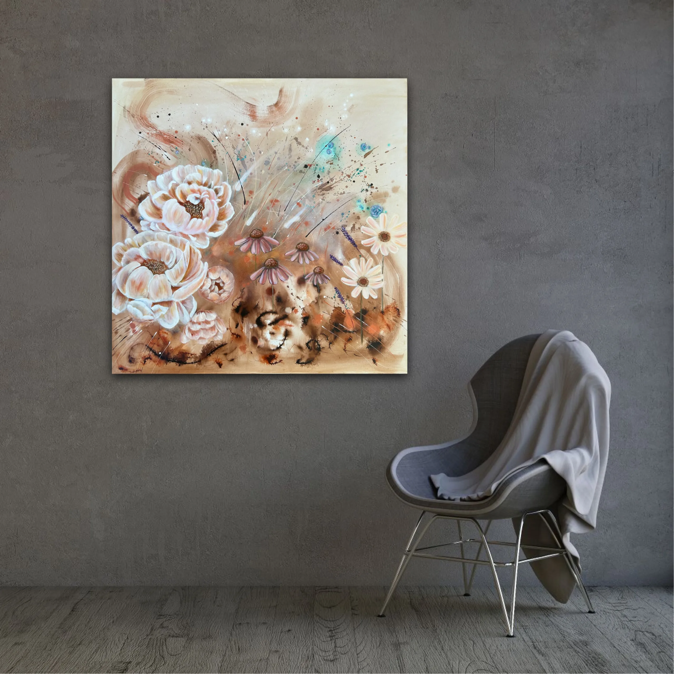 Mellan jord och himmel - Stor abstrakt tavla i beige toner med pion, solhatt och lavendel, originalkonst av Art by Lycke - Bild 3
