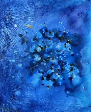 Abstrakt målning i blå och gyllene toner – När stjärnorna minns, originalkonst av Art by Lycke