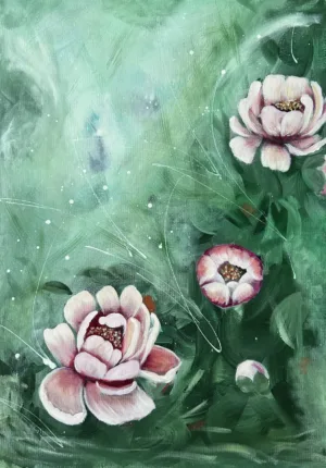 Abstrakt målning i beige, blå och gyllene toner – Stillhetens dans, originalkonst av Art by Lycke