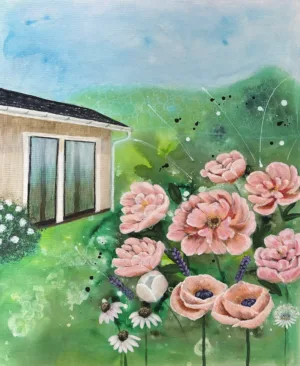 Under samma himmel - Abstrakt tavla med blommor i trädgård - Originalkonst av Art by Lycke