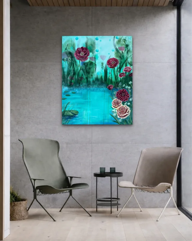 Turquoise Reflections - Stor surrealistisk tavla i turkosa toner med vallmo, dahlia och rosor – originalkonst av Art by Lycke - Bild 6