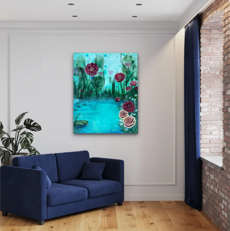 Turquoise Reflections - Stor surrealistisk tavla i turkosa toner med vallmo, dahlia och rosor – originalkonst av Art by Lycke - Bild 4