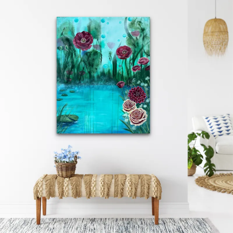 Turquoise Reflections - Stor surrealistisk tavla i turkosa toner med vallmo, dahlia och rosor – originalkonst av Art by Lycke - Bild 3