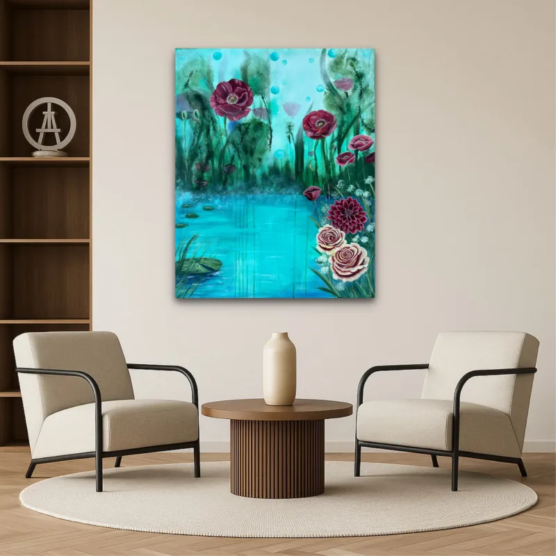Turquoise Reflections - Stor surrealistisk tavla i turkosa toner med vallmo, dahlia och rosor – originalkonst av Art by Lycke - Bild 2